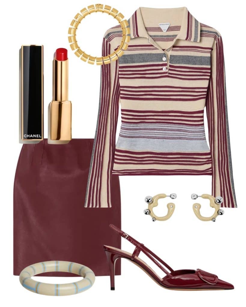 قلادة، 13,800 درهم، Alaïa؛ بلوزة، 5,150 درهم، Bottega Veneta؛ أقراط، POA، APOA؛ سوار، 980 درهم، Hermès؛ تنورة، 8,800 درهم، Versace؛ حذاء، 4,250 درهم، Valentino